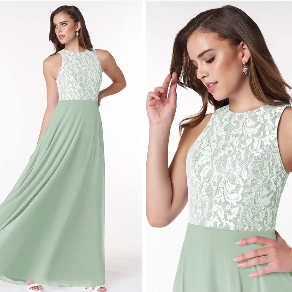 NWT Azazie Kate Bridesmaid Dress Lace Bodice‎ Formal Gown Dusty Sage A8 - Picture 4 of 15